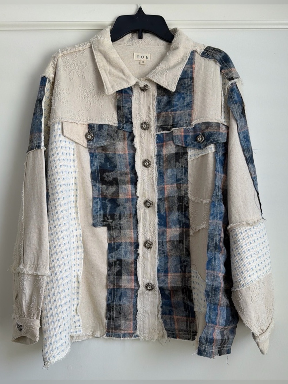 POL Oatmeal Multi Patchwork Plaid Mixed Media Balloon Sleeve Shacket NWOT